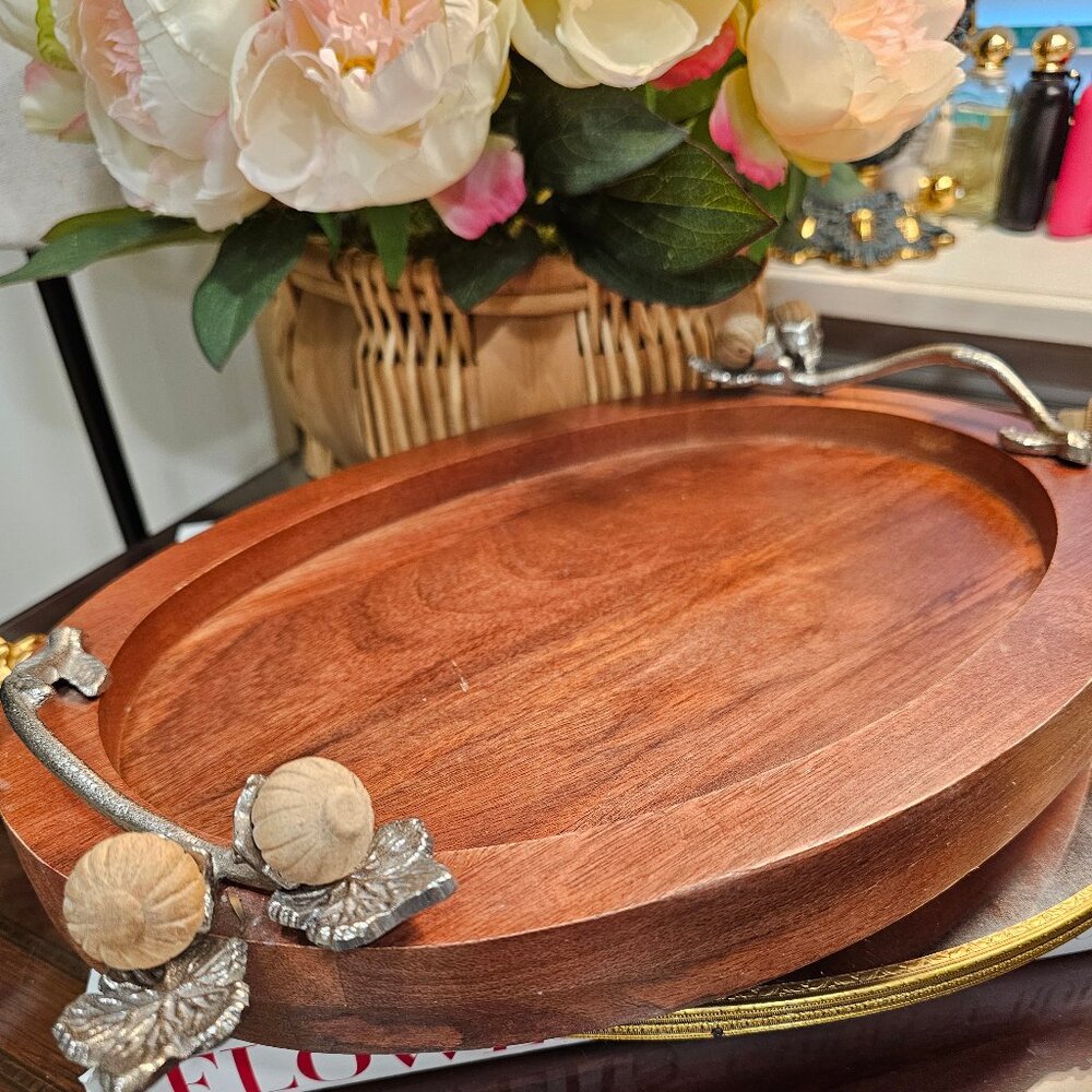 Beautiful Wooden Tray With Metal Floral Handles